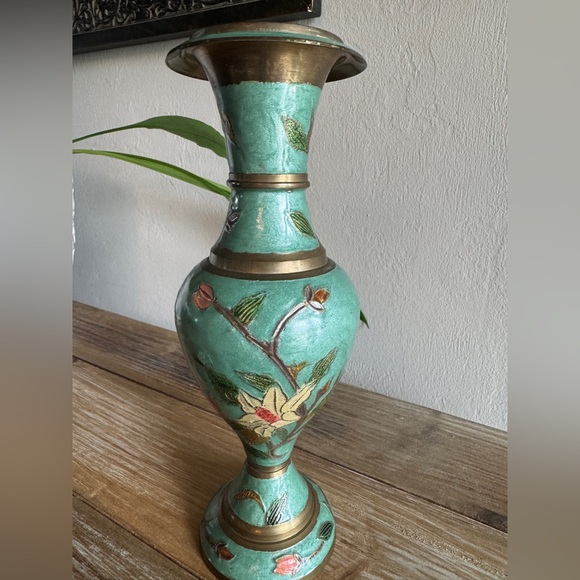 Vintage Solid Brass Cloisonne Floral Vase - Approximately 9 3/4" Tall - Picture 4 of 5